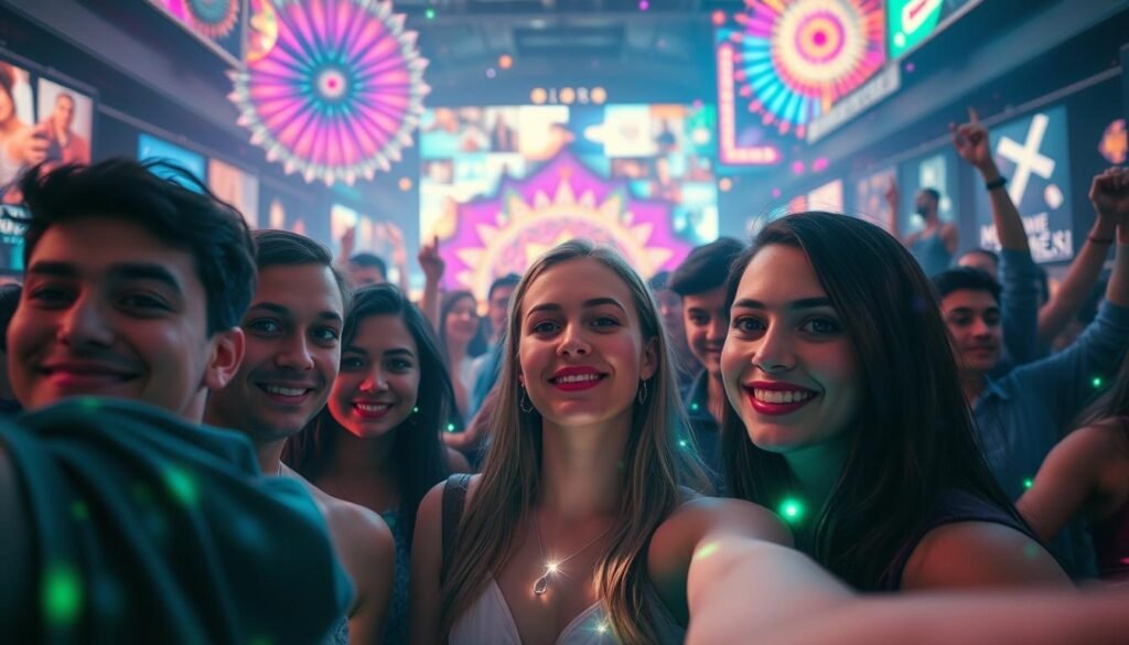 A bustling social media landscape, with users eagerly participating in the &quot;aura farming&quot; phenomenon. In the foreground, individuals pose for stylized selfies, their faces bathed in a soft, ethereal glow. The middle ground reveals a collage of curated posts, filters, and digital effects, creating an illusion of mystical energy and spiritual awareness. In the background, a kaleidoscope of vibrant colors and abstract patterns swirls, reflecting the digital realm's ever-evolving nature. Dramatic lighting, a shallow depth of field, and a sense of cinematic wonder capture the essence of this creative, yet potentially superficial, social media trend.