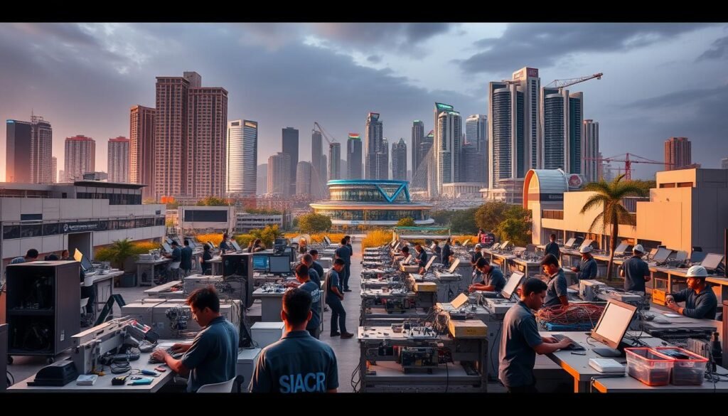 A bustling vocational education campus set against a backdrop of modern cityscape. In the foreground, students engaged in hands-on training, working with advanced machinery and tools. The middle ground showcases state-of-the-art laboratories and workshops, reflecting the practical, skills-based curriculum. In the background, towering skyscrapers and infrastructure symbolize the integration of vocational education with the professional demands of the Indonesian workforce. Warm, natural lighting illuminates the scene, creating a sense of energy and progression. The overall atmosphere conveys the challenges and opportunities inherent in elevating vocational education to meet the needs of a rapidly evolving economy.