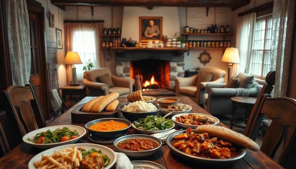 A cozy, intimate dining room setting with a rustic, homemade feel. In the foreground, a wooden table is set with a variety of delectable dishes, including hearty stews, fresh salads, and warm, crusty bread. Soft, warm lighting filters through lace curtains, casting a gentle glow over the scene. In the middle ground, shelves display an array of homemade preserves, herbs, and spices, hinting at the care and attention put into the food preparation. The background features a welcoming fireplace, surrounded by comfortable armchairs, creating a sense of comfort and relaxation. The overall atmosphere evokes a feeling of being welcomed into a family's home for a special, home-cooked meal.