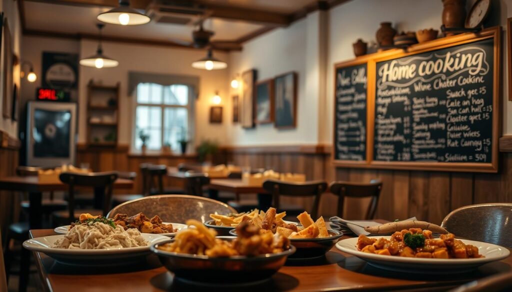 A cozy, well-lit restaurant interior with a warm, inviting atmosphere. In the foreground, a table is set with a variety of home-cooked dishes, their aromas wafting through the air. The middle ground features a clean, minimalist decor with wooden accents and soft lighting, creating a sense of comfort and quality. In the background, a chalkboard menu showcases the restaurant's offerings, highlighting the value and affordability of the "home cooking" experience. The overall scene conveys a sense of homely, unpretentious dining, where the focus is on delicious, well-prepared meals at reasonable prices.