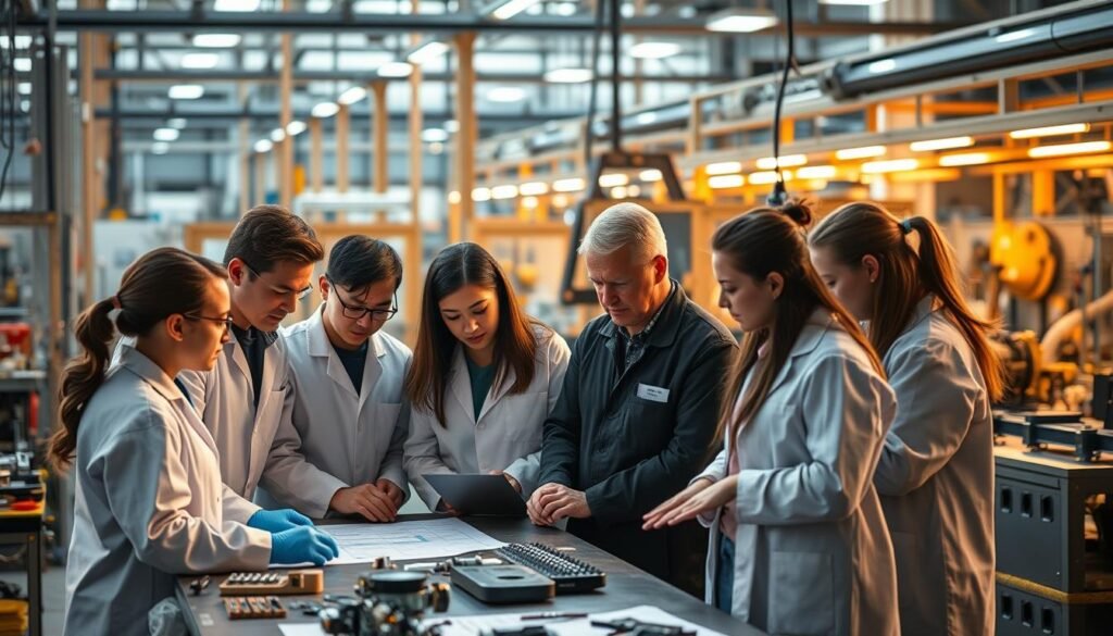 A dynamic, industry-focused curriculum set against a backdrop of a bustling factory floor. In the foreground, a group of students in lab coats and safety gear, gathered around a workbench, intently studying schematics and prototype parts. In the middle ground, a team of instructors and industry mentors guide them, demonstrating the latest manufacturing techniques with hands-on precision. The background features the hum of machinery, the gleam of metal and glass, and the energy of a modern, technology-driven workplace. Warm, directional lighting casts a sense of focus and purpose, while the composition conveys the seamless integration of vocational education and real-world, industry-aligned training.
