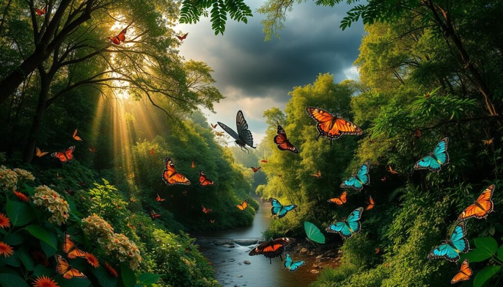 A lush, verdant forest canopy, with rays of golden sunlight filtering through the dense foliage. In the foreground, a stunning array of butterflies and moths in vibrant hues of orange, blue, and emerald green flutter gracefully among the blooming flowers. The middle ground features a serene stream winding through the undergrowth, its calm waters reflecting the delicate Lepidoptera. In the background, dark storm clouds loom, casting an ominous tone and hinting at the threats facing these beautiful creatures. The scene is captured with a wide-angle lens, creating a sense of depth and immersion. The overall mood is one of both wonder and concern, inviting the viewer to appreciate the fragile beauty of the Lepidoptera while recognizing the need for their conservation.