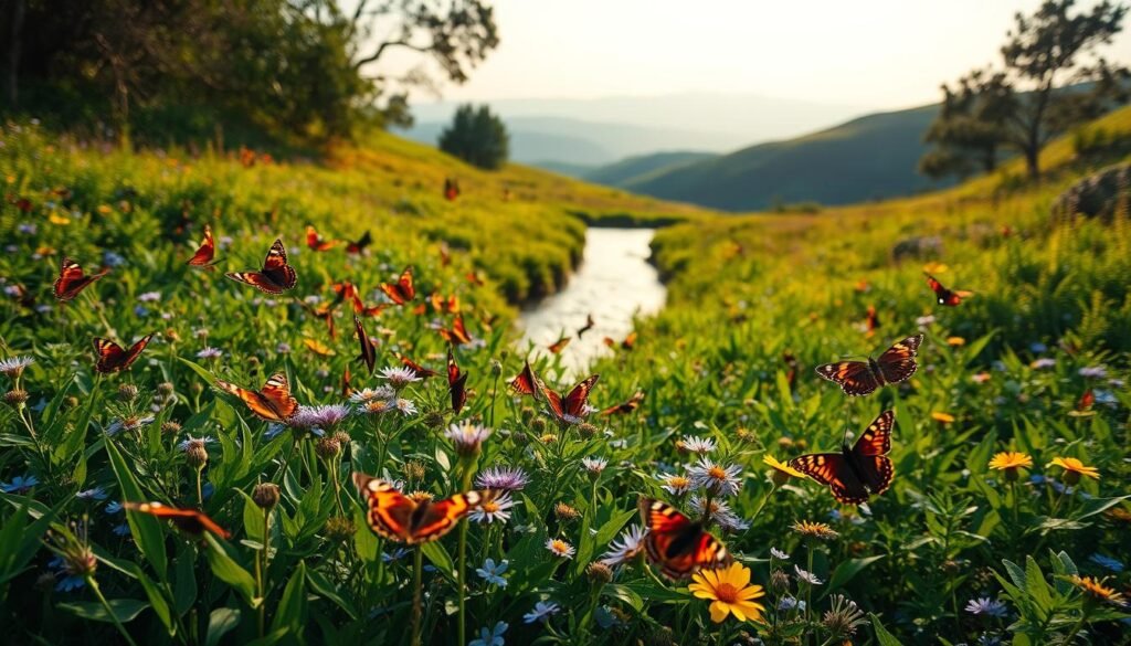 A lush, verdant meadow fills the frame, its vibrant foliage a tapestry of greens and blues. In the foreground, a kaleidoscope of Lepidoptera, their delicate wings in a dazzling array of colors - vibrant oranges, deep purples, and shimmering blues. They flit and flutter, pollinating the delicate blooms that dot the landscape. In the middle ground, a small stream meanders, its gentle current reflecting the tranquil scene. In the distance, rolling hills and a hazy, sun-dappled sky create a serene, natural atmosphere. The lighting is soft and diffused, casting a warm, golden glow over the entire composition. The focus is sharp, capturing the intricate details of the Lepidoptera and the lush, verdant foliage with clarity and precision.