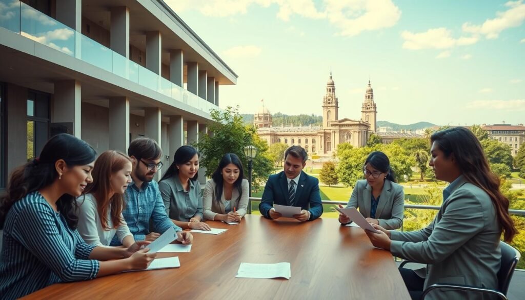 A prestigious university campus, with modern architecture and lush greenery. In the foreground, a group of diverse students gathered around a large, wooden table, engaged in animated discussions and studying scholarship documents. Soft, diffused lighting from overhead illuminates their focused expressions. In the middle ground, several faculty members in professional attire are conducting interviews with prospective scholarship recipients, assessing their academic credentials and future potential. The background showcases a scenic view of the campus, with iconic buildings and a clear, blue sky overhead, conveying a sense of opportunity and academic excellence. The overall atmosphere exudes an air of intellectual rigor, meritocracy, and the transformative power of educational opportunities.
