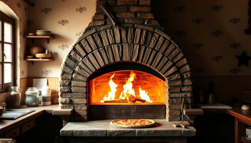 A rustic, wood-fired oven nestled in a traditional Italian kitchen. The sturdy brick structure stands as the centerpiece, its open mouth aglow with the warm flames within. Shadows dance across the uneven surfaces, revealing the oven's well-worn character. The surrounding countertops are cluttered with essential tools and ingredients, hinting at the culinary magic about to unfold. Soft, natural lighting filters in through a nearby window, casting a cozy, inviting atmosphere. The scene evokes the timeless traditions of Neapolitan pizza-making, ready to guide the viewer through the steps of earning the coveted AVPN certification.