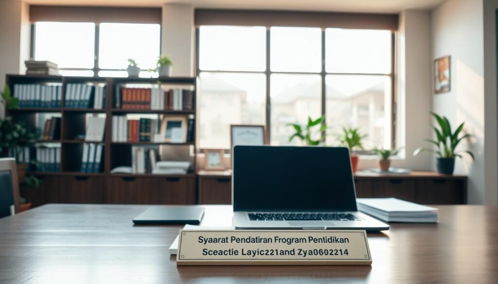 A serene, administrative office environment with warm, natural lighting filtering in through large windows. In the foreground, a neatly organized desk with a laptop, a stack of documents, and a subtle nameplate reading "Syarat Pendaftaran Program Pendidikan". In the middle ground, a bookshelf filled with academic references and a certificate frame hinting at the educational focus. The background showcases the professional ambiance with tasteful wall decor and potted plants, creating an atmosphere of scholarly rigor and institutional credibility. The overall impression conveys a sense of diligence, attention to detail, and a commitment to providing clear guidelines for educational opportunities.