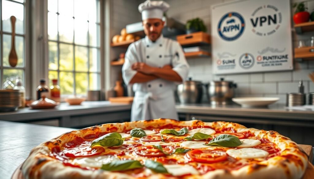 A serene kitchen interior, natural light flooding through large windows, showcasing an array of traditional Neapolitan pizza-making tools and ingredients. In the foreground, a crisp, freshly baked Neapolitan pizza, its crust perfectly charred, topped with vibrant tomatoes, creamy mozzarella, and fragrant basil leaves. In the middle ground, a chef in a pristine white uniform, confidently kneading dough, their skilled hands a testament to their AVPN certification. The background features a wall display highlighting the AVPN logo and certifications, signifying the quality and authenticity of the Neapolitan pizza-making process. The overall scene radiates a sense of pride, tradition, and the culinary excellence achieved through AVPN certification.