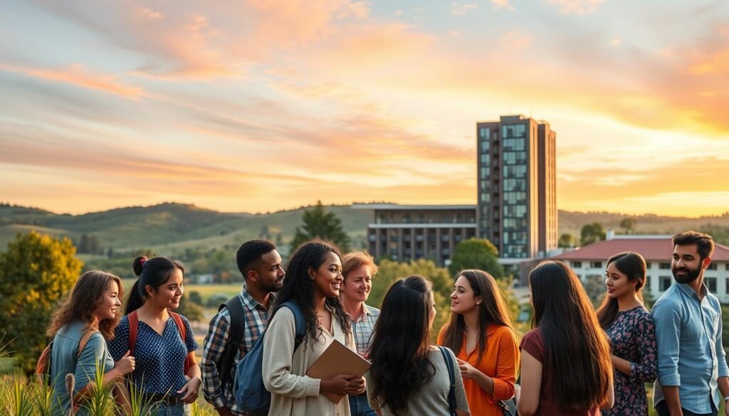 A serene university campus set against a backdrop of rolling hills and a vibrant sky. In the foreground, a group of diverse students engaged in lively discussions, their faces alight with a sense of intellectual curiosity and discovery. In the middle ground, a modern, well-equipped classroom showcases the latest educational technology, facilitating collaborative learning. In the background, a towering library stands as a symbol of the wealth of knowledge available to the students. The scene conveys a sense of opportunity, growth, and the transformative power of higher education in the field of creative economics.