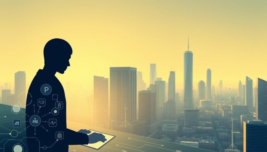 A sleek, minimalist illustration depicting the intersection of technology and politics. In the foreground, a futuristic digital interface with sleek, stylized icons and graphics symbolizing the key elements of political technology, such as data analytics, AI-driven decision-making, and digital governance. In the middle ground, a panoramic view of a modern city skyline, with towering skyscrapers and gleaming glass facades, hinting at the urban landscapes where these technological advancements are being implemented. The background is bathed in a warm, subdued lighting, creating a sense of contemplation and introspection, suggesting the complex societal and ethical implications of integrating technology into the political sphere. The overall composition conveys a sense of progress, innovation, and the subtle, yet profound, impact of technology on the political landscape.