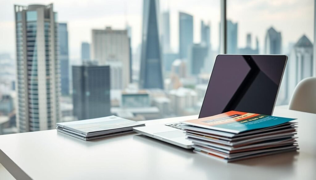 A sleek, modern laptop with a minimalist design sits atop a clean, white table. Beside it, a stack of colorful brochures and leaflets showcases various technology-focused scholarship opportunities. The lighting is soft and diffused, creating a professional yet inviting atmosphere. In the background, a blurred cityscape with towering skyscrapers evokes a dynamic, technology-driven environment. The overall composition conveys a sense of opportunity, innovation, and the potential for career growth in the field of information technology.