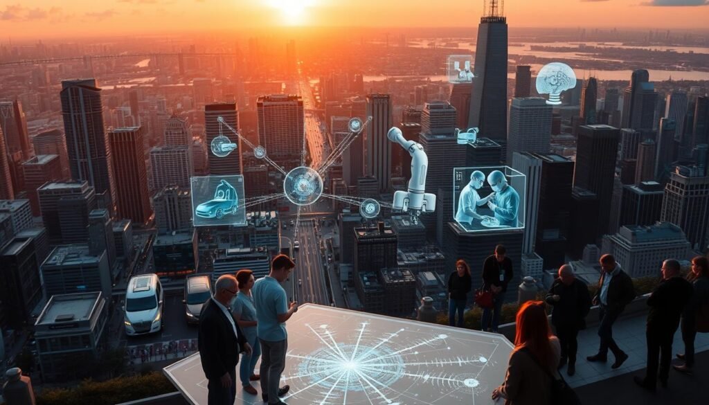 A sprawling cityscape with towering skyscrapers and bustling streets, bathed in the warm glow of sunset. In the foreground, a team of data scientists and engineers clustered around a holographic display, immersed in analyzing complex neural network models. The middle ground showcases various real-world applications of deep learning, from autonomous vehicles navigating the roads to robotic limbs assisting a medical procedure. In the background, silhouettes of people going about their daily lives, unaware of the technological advancements transforming their world. Cinematic lighting and depth of field draw the viewer's attention to the innovative applications of deep learning across diverse industries.