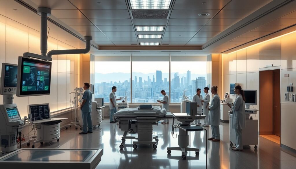 A state-of-the-art hospital interior, illuminated by soft, diffused lighting that filters through large windows. In the foreground, sleek medical equipment and digital displays showcase the latest advancements in healthcare technology. The middle ground features a busy nurses' station, with healthcare professionals efficiently managing patient records and coordinating care. In the background, a panoramic view of the city skyline, symbolizing the integration of modern infrastructure and medical innovation. The overall atmosphere conveys a sense of calm professionalism, innovation, and a relentless pursuit of improved patient outcomes.