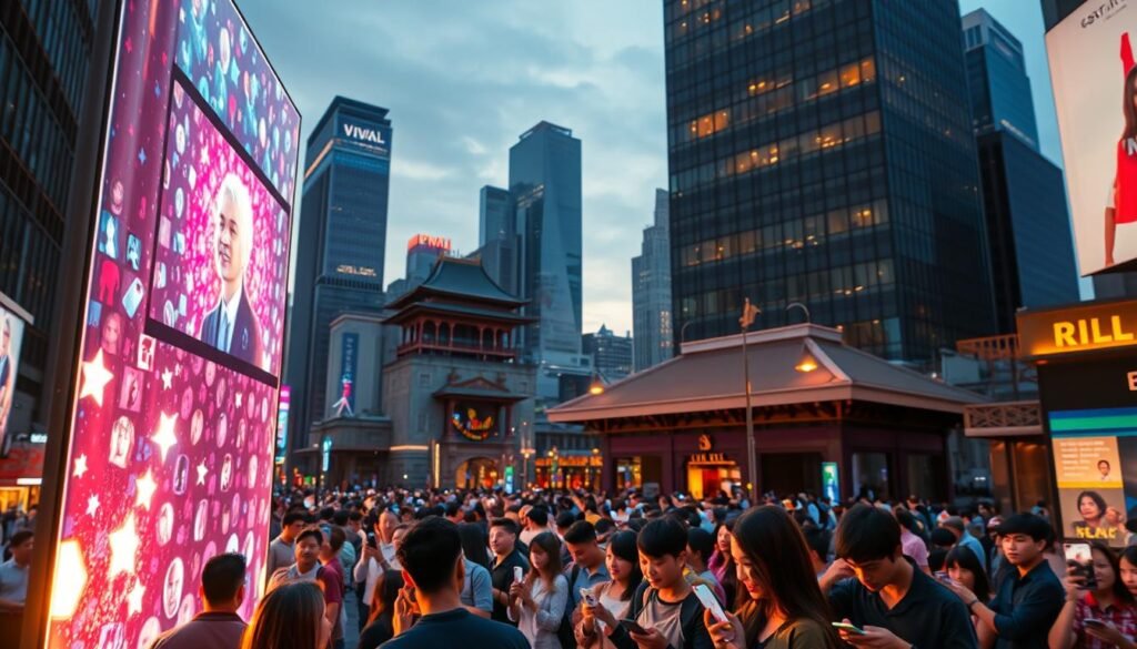 A vibrant and dynamic cityscape, bustling with the energy of social media's viral impact. In the foreground, a towering holographic display showcases a viral video, its kaleidoscopic visuals captivating the attention of passersby. In the middle ground, a diverse crowd of people, their faces illuminated by the glow of their smartphones, engrossed in sharing, liking, and commenting on the latest social trends. In the background, a backdrop of traditional architecture juxtaposed with sleek, modern skyscrapers, symbolizing the interplay between cultural heritage and the digital age. Warm, golden lighting casts a sense of wonder and excitement, capturing the transformative influence of social media on the fabric of society and culture.