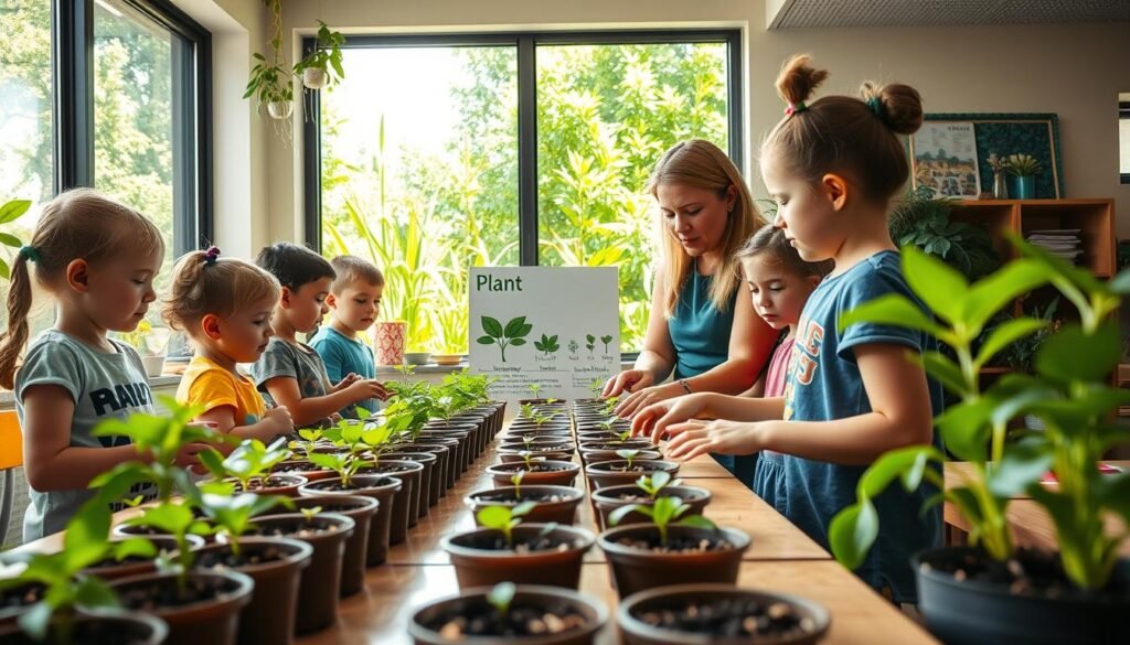 A vibrant, eco-friendly classroom with students engaged in hands-on environmental education activities. The foreground features children planting seedlings in pots, their faces filled with wonder and excitement. The middle ground showcases a teacher guiding the students, pointing to a visual aid depicting the life cycle of a plant. In the background, a large window overlooks a lush, verdant garden, the sunlight streaming in and casting a warm, nurturing glow throughout the space. The scene exudes a sense of harmony, creativity, and a deep connection to the natural world, inspiring a generation of environmentally conscious individuals.
