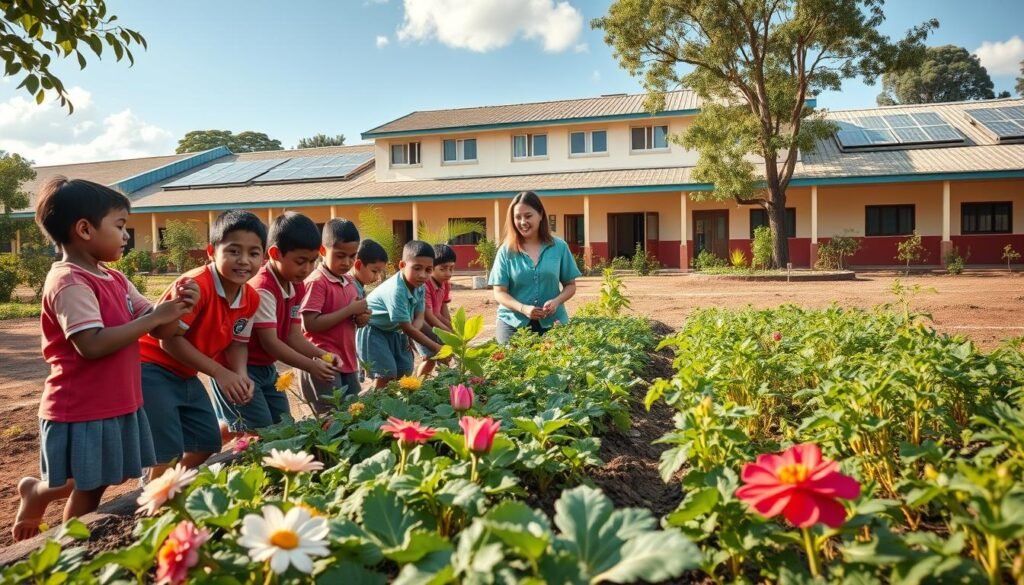 A vibrant outdoor scene depicting the "Adiwiyata" environmental education program in action at a progressive school. In the foreground, a group of enthusiastic students tend to a lush garden, tending to flowering plants and vegetables. In the middle ground, a teacher guides them, demonstrating sustainable farming techniques. In the background, the school building stands, adorned with eco-friendly architectural elements like solar panels and green roofing. The scene is bathed in warm, natural lighting, capturing the sense of joy and wonder as the students learn to cultivate a deep connection with nature. An inspirational example of best practices in environmental education.