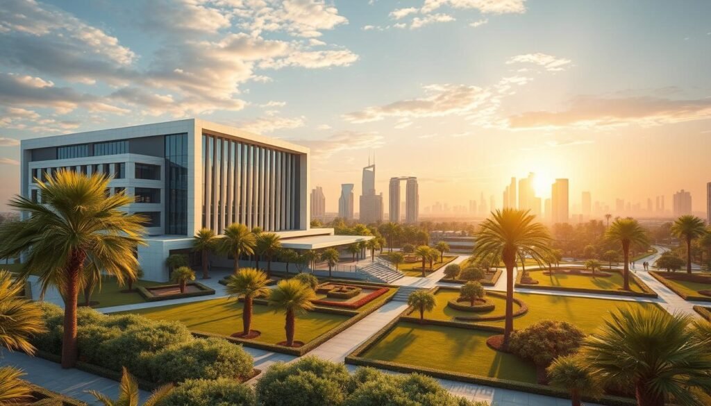 A visionary architectural rendering showcases the future of UII Dalwa. In the foreground, a sleek, modern campus building with clean lines and large windows stands tall, bathed in warm, golden sunlight. The middle ground features lush, verdant landscaping with swaying palm trees and neatly manicured gardens, creating a serene, inviting atmosphere. In the background, the skyline is dotted with towering skyscrapers, symbolizing the university's integration with the vibrant, progressive city. The scene conveys a sense of innovation, growth, and a commitment to educational excellence, reflecting the ambitious plans for UII Dalwa's future.