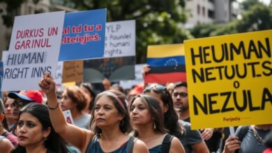 Demonstrasi hak asasi manusia di Venezuela dengan para pengunjuk rasa membawa spanduk tentang isu HAM di Venezuela