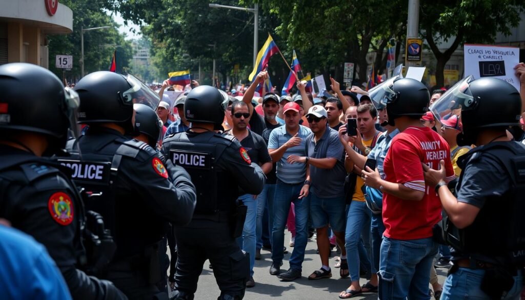 Pasukan keamanan Venezuela menghadapi demonstran dalam protes terkait isu HAM di Venezuela Pasukan keamanan Venezuela menghadapi demonstran dalam protes terkait isu HAM di Venezuela