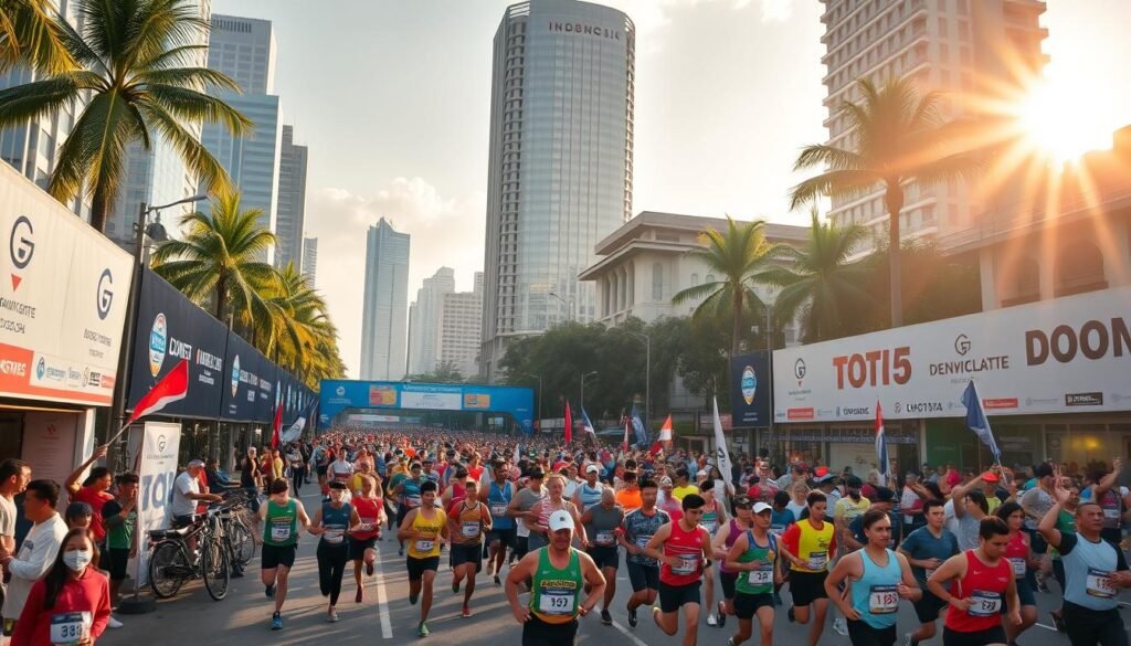 A bustling city street in a tropical metropolis, the sun casting warm, golden light over the scene. In the foreground, runners in vibrant athletic gear stretch and prepare for the start of a major marathon event. Banners and signage from various corporate sponsors line the street, their logos and branding prominently displayed. In the middle ground, excited spectators wave flags and cheer on the athletes, creating an electric atmosphere of anticipation. The background features towering skyscrapers, lush palm trees, and the iconic architecture of Indonesia, setting the scene firmly in this dynamic, Southeast Asian nation. The overall mood is one of energetic celebration, as the community comes together to support this prestigious athletic competition.