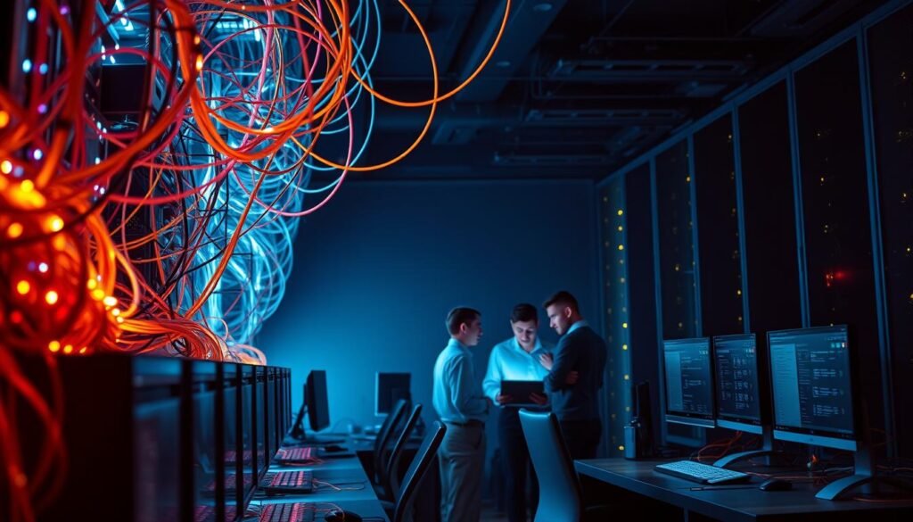 A bustling computer network, cables and routers intertwined like a complex web, casting a warm glow in a dimly lit office. Sleek, modern workstations line the foreground, their screens reflecting the dynamic flow of data. In the middle ground, a team of IT professionals collaborate, their faces illuminated by the soft light of their devices. The background fades into a hazy, tech-infused atmosphere, hinting at the boundless possibilities of this interconnected world. The scene conveys a sense of professionalism, innovation, and the collaborative spirit that drives the field of computer science.
