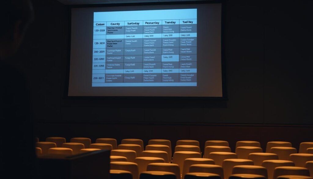 A dimly lit classroom interior with a large projection screen displaying a detailed academic schedule. The screen shows a neatly organized timetable of classes, complete with course titles, instructor names, room numbers, and time slots. The lighting is soft and warm, creating a contemplative atmosphere. The foreground features a desk or podium, hinting at the academic setting. The middle ground shows rows of empty chairs, suggesting an impending lecture or seminar. The background is slightly blurred, drawing the viewer's attention to the prominent display screen.