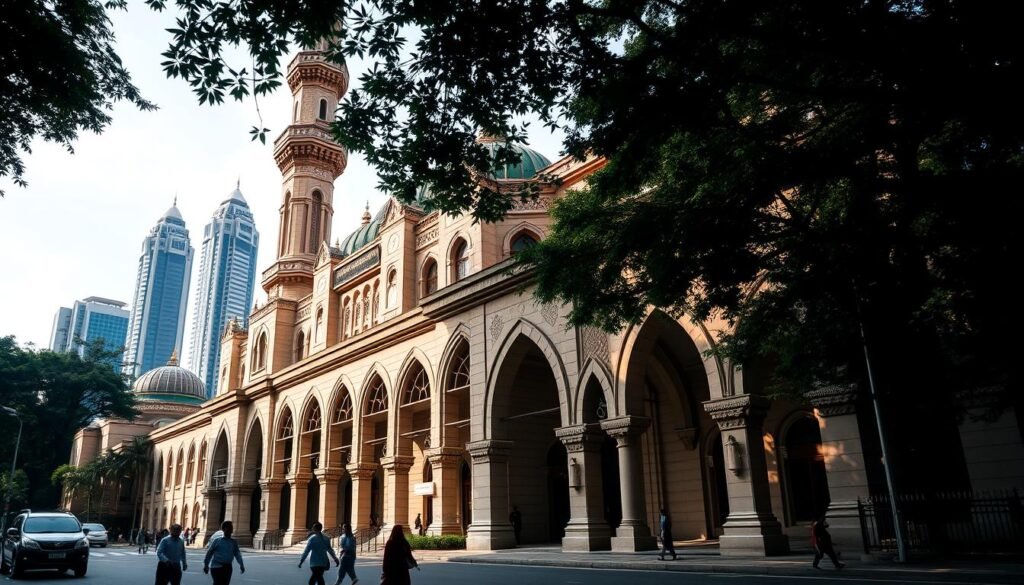 A grand, majestic Islamic courthouse standing tall in the heart of Malaysia, its ornate minarets and domes casting intricate shadows across a bustling city street. The foreground showcases the intricate architectural details, with elegant arches, ornate calligraphy, and intricate tile work. In the middle ground, people in traditional Malay dress hurry to and fro, while in the background, modern skyscrapers and lush greenery create a captivating contrast, hinting at the blend of ancient and modern that defines Malaysia's legal system. Soft, warm lighting bathes the scene, conveying a sense of solemnity and reverence for the judicial process. A grand, majestic Islamic courthouse standing tall in the heart of Malaysia, its ornate minarets and domes casting intricate shadows across a bustling city street. The foreground showcases the intricate architectural details, with elegant arches, ornate calligraphy, and intricate tile work. In the middle ground, people in traditional Malay dress hurry to and fro, while in the background, modern skyscrapers and lush greenery create a captivating contrast, hinting at the blend of ancient and modern that defines Malaysia's legal system. Soft, warm lighting bathes the scene, conveying a sense of solemnity and reverence for the judicial process.
