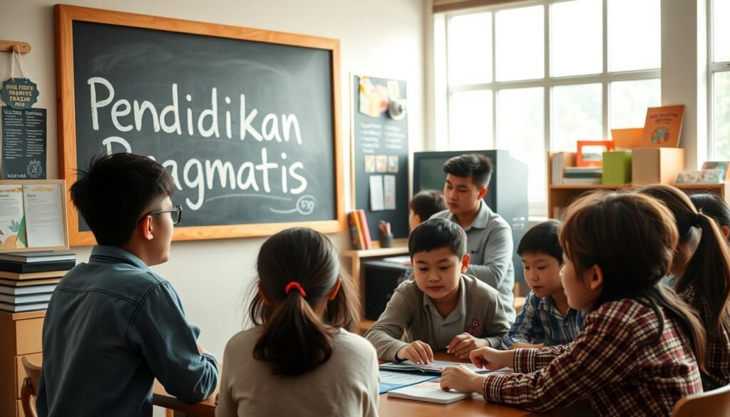A pragmatic educational setting, with a chalkboard prominently displaying the phrase "Pendidikan Pragmatis" in a warm, earthy tone. In the foreground, a group of students actively engaged in hands-on, problem-solving activities, their faces alight with curiosity and determination. The middle ground features a teacher guiding the students, using a Socratic method to encourage critical thinking. The background showcases a well-equipped classroom, with educational materials and resources that reflect a practical, experiential approach to learning. Soft, natural lighting filters through large windows, creating a welcoming and productive atmosphere. The overall scene conveys a sense of dynamic, collaborative learning, where theory and practice seamlessly converge.