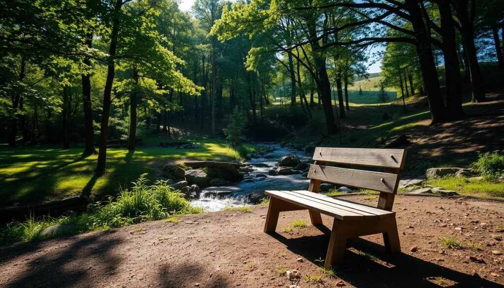 A serene forest glade, dappled sunlight filtering through the verdant canopy. In the foreground, a weathered wooden bench stands as an inviting respite, its rustic charm embodying the practical yet elegant nature of pragmatism. In the middle ground, a meandering stream babbles over smooth stones, its soothing rhythm a metaphor for the adaptable, problem-solving approach of the pragmatic mindset. The background features rolling hills, their undulating forms a testament to the pragmatic embrace of change and the recognition that the path forward may not be linear. The overall scene conveys a sense of balance, harmony, and the quiet confidence that comes from a focus on what works in the moment, rather than adherence to rigid ideals.