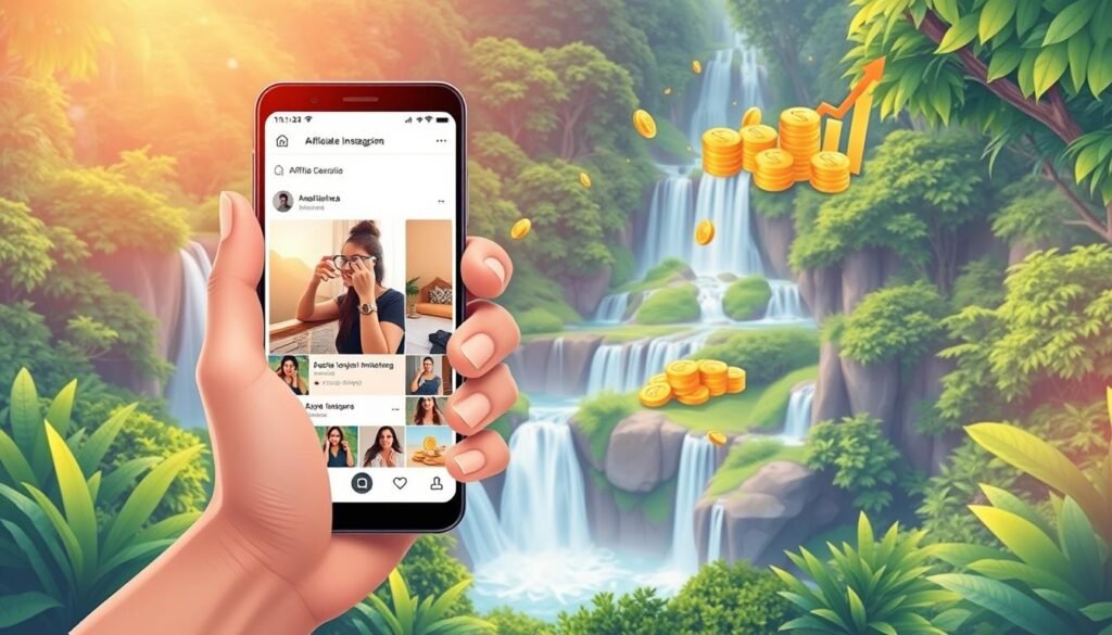 A vibrant, digital illustration depicting the concept of "afiliasi" (affiliate marketing) in the context of earning money through Instagram. In the foreground, an influencer's hand holds a smartphone displaying an Instagram feed, symbolizing the power of social media platforms. The midground features a lush, verdant landscape with cascading waterfalls and lush foliage, representing the bountiful opportunities of the online world. In the background, a cluster of golden coins and financial graphs emerge, alluding to the potential for lucrative earnings through affiliate partnerships and digital marketing strategies. The lighting is soft and diffused, creating a dreamlike, aspirational atmosphere. The overall composition conveys the idea of leveraging Instagram to generate passive income streams.