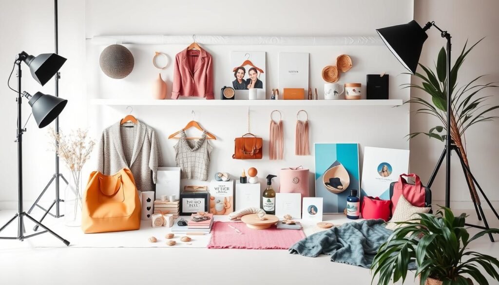 A vibrant, high-quality product display showcasing a diverse range of physical and digital products on a sleek, modern Instagram shopping platform. The scene features a minimalist, well-lit studio setup with a clean white backdrop, allowing the products to take center stage. Carefully curated products are artfully arranged, including stylish apparel, accessories, and various digital downloads, all presented in a visually appealing and enticing manner. The overall composition conveys a sense of professionalism, creativity, and the potential for success in an online product-based business.