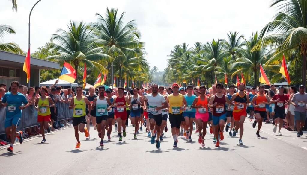 A vibrant scene of a bustling running event in a tropical setting. In the foreground, a diverse group of runners clad in colorful athletic gear stride purposefully across the asphalt, their faces etched with determination. The middle ground features spectators lining the sidelines, waving flags and cheering enthusiastically, fostering a palpable sense of community spirit. In the background, lush palm trees sway gently in the warm breeze, framing the scene with a verdant tropical backdrop. Crisp, sun-dappled lighting illuminates the proceedings, creating a bright and energetic atmosphere that captures the thrill of the competitive spirit and the joy of physical activity shared by all.
