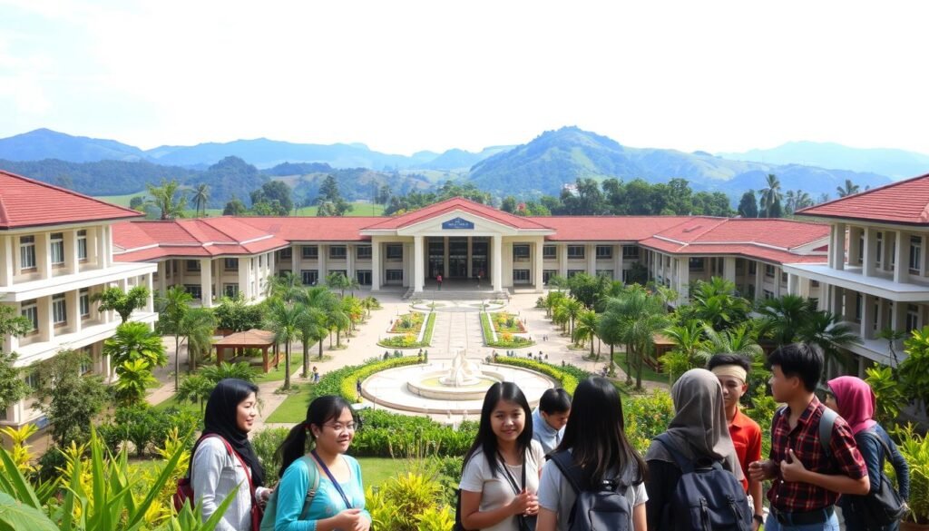 A vibrant university campus nestled amidst a verdant landscape, with modern buildings adorned with Indonesian architectural elements. In the foreground, a group of diverse students engage in animated discussions, their faces alight with the passion of learning. In the middle ground, a grand entryway leads visitors into the heart of the institution, where a central fountain adds a soothing, tranquil ambiance. The background features rolling hills and a clear sky, creating a sense of openness and possibility. The scene conveys a harmonious blend of academic rigor, cultural heritage, and a commitment to nurturing the next generation of leaders.