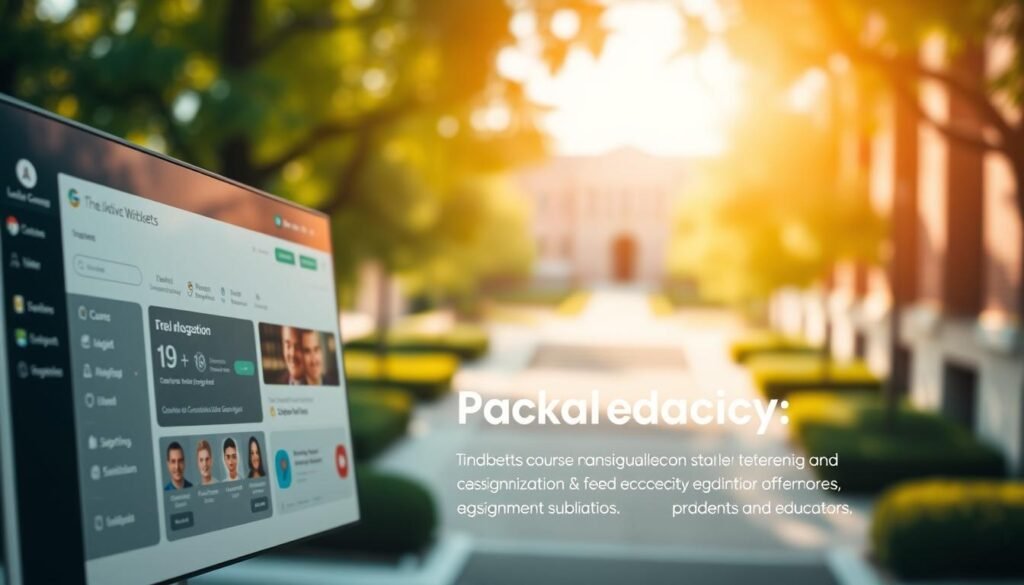 A well-designed academic platform with a clean, modern interface. In the foreground, a sleek dashboard showcases intuitive navigation and customizable widgets. The middle ground features clean typography, highlighting key features like course management, video conferencing, and assignment submission. In the background, a blurred image of a university campus evokes an atmosphere of scholarly pursuit, with hints of lush greenery and stately architecture. Soft, directional lighting casts a warm, inviting glow, creating a sense of productivity and focus. The overall composition conveys a professional, yet approachable platform tailored for the needs of students and educators.