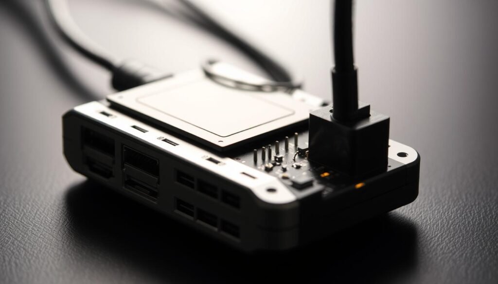 A close-up shot of a hardware charger and power cord, illuminated by soft, diffused lighting. The charger is made of sleek, metallic materials, with distinct ports and indicators. Intricate details are visible, such as the circuit board, pins, and heat dissipation components. The power cord emerges from the charger, trailing off into the background, suggesting the connection to a power source. The overall composition emphasizes the technical nature and functional design of the charging hardware, conveying a sense of precision and efficiency.