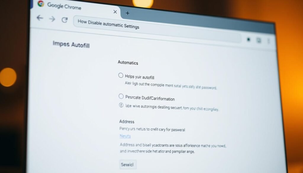 A close-up view of a Google Chrome browser window with the AutoFill settings panel open, showcasing the various options to disable automatic filling of passwords, credit card information, and addresses. The window is bathed in a warm, soft lighting, creating a subtle and inviting atmosphere. The UI elements are crisp and detailed, allowing the user to clearly see the toggles and settings for disabling the AutoFill feature. The background is blurred, keeping the focus on the Chrome browser interface and the clear instructions on how to manually manage form inputs for increased security and privacy.