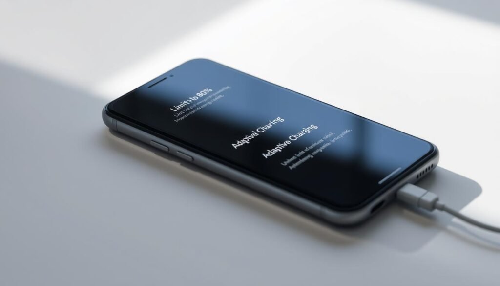 A close-up view of an Android smartphone with the charging optimization feature prominently displayed on the screen. The phone is positioned on a minimalist, light-colored surface, bathed in soft, diffused lighting that highlights the device's sleek design. The screen shows the "Limit to 80%" and "Adaptive Charging" options, indicating the advanced power management capabilities. The composition emphasizes the technological advancements and the user-friendly interface, conveying a sense of efficiency and environmental awareness.