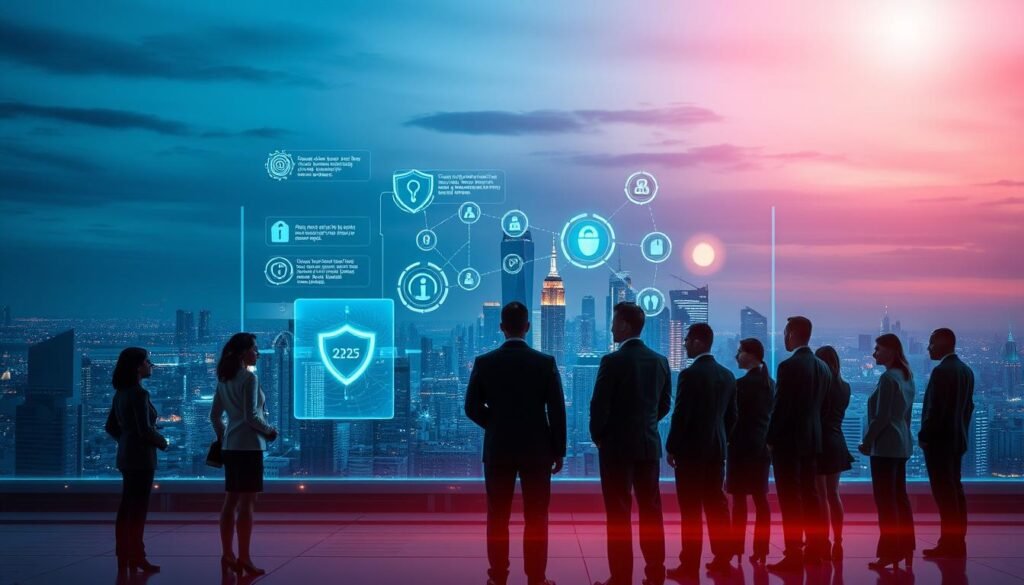 A futuristic digital landscape representing the challenges of cybersecurity in the digital era. In the foreground, a diverse group of professionals in business attire are engaged in serious discussion around a holographic interface displaying various cybersecurity threats like malware and data breaches. The middle ground reveals a sleek city skyline with glowing data streams and digital shields, symbolizing protection. In the background, a gradient sky transitions from dark blue to bright orange, suggesting urgency and evolution. The lighting is dynamic, with spots of bright white highlighting key areas, creating tension and focus. The mood reflects concern and vigilance, emphasizing the critical nature of cybersecurity in 2025. A futuristic digital landscape representing the challenges of cybersecurity in the digital era. In the foreground, a diverse group of professionals in business attire are engaged in serious discussion around a holographic interface displaying various cybersecurity threats like malware and data breaches. The middle ground reveals a sleek city skyline with glowing data streams and digital shields, symbolizing protection. In the background, a gradient sky transitions from dark blue to bright orange, suggesting urgency and evolution. The lighting is dynamic, with spots of bright white highlighting key areas, creating tension and focus. The mood reflects concern and vigilance, emphasizing the critical nature of cybersecurity in 2025.