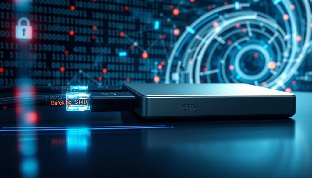 A high-tech data transfer visualization showcasing lightning-fast SSD speeds. In the foreground, glowing digital connectors and cables pulse with neon energy, symbolizing the efficient transfer of 4K photo files. The middle ground features a sleek, silver external SSD, its surface gleaming under dramatic lighting that casts long shadows. In the background, a matrix of binary code and abstract geometric shapes swirls, hinting at the complex data processing happening behind the scenes. An atmosphere of power, precision, and technological prowess pervades the scene, reflecting the optimized speed and security of the backup process.