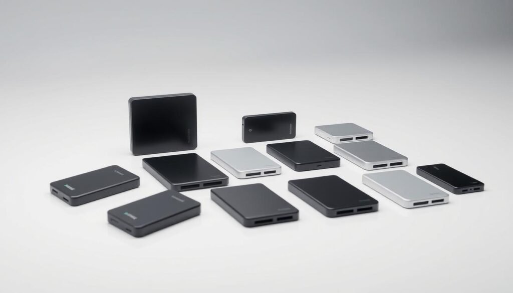 A modern and minimalist studio scene showcasing an array of external solid-state drives (SSDs) in various capacities, positioned on a sleek, reflective surface. The lighting is soft and diffused, creating a clean, professional atmosphere. The SSDs are depicted in an organized, grid-like arrangement, emphasizing their storage capabilities and technical specifications. The color palette is a harmonious blend of neutral tones, accentuating the sophisticated and functional nature of the subject matter. The composition draws the viewer's attention to the diverse storage options, inviting them to consider the optimal choices for their backup needs.