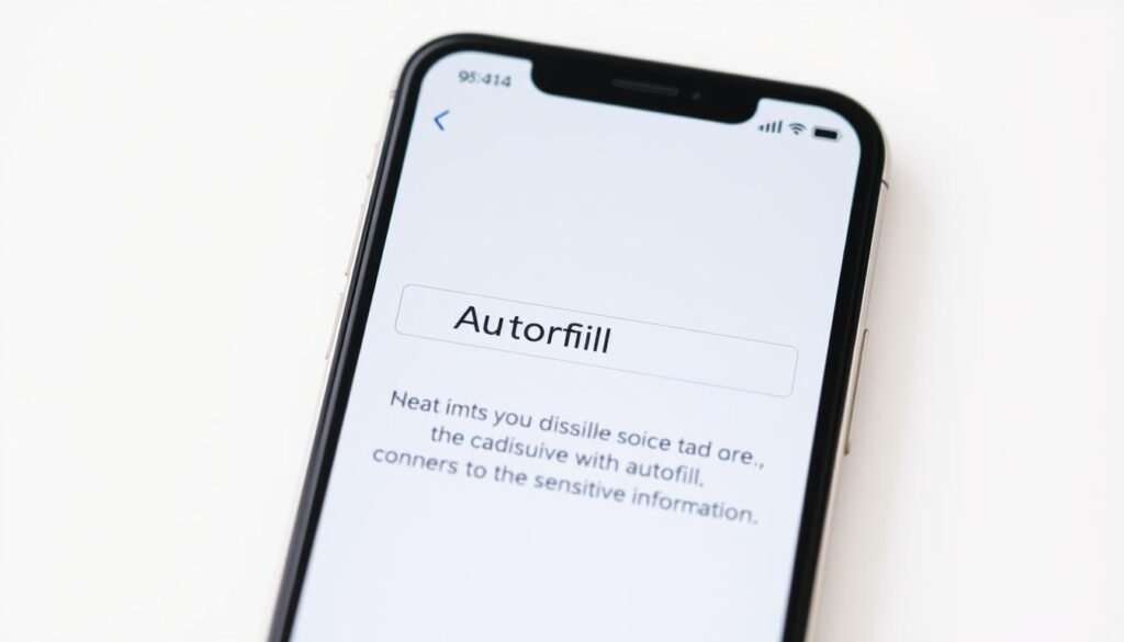 A smartphone screen displaying a mobile banking app, with the focus on a form field labeled "Autofill". The screen has a muted, neutral color palette, conveying a sense of functionality and security. The form field is highlighted, emphasizing the need to limit or disable the autofill feature for sensitive information. The layout is clean and uncluttered, allowing the user to clearly see the relevant UI elements. Soft, diffused lighting creates a subtle, professional atmosphere, while the camera angle is slightly elevated to provide a clear view of the screen. The overall impression is one of attention to detail and concern for the user's privacy and data protection.