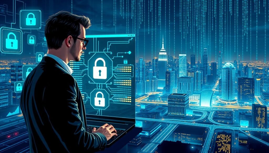 A visually striking illustration representing various types of cybersecurity, centered on a detailed digital landscape. In the foreground, a professional in business attire, focused on a futuristic computer interface displaying locks, firewalls, and network symbols. The middle ground features a complex arrangement of servers and data streams, symbolizing data protection. In the background, a city skyline illuminated at night, with a digital overlay of binary code cascading down, creating a sense of a connected, tech-driven future. The atmosphere is dynamic and ambitious, illuminated by soft neon blues and greens, conveying a sense of urgency and importance. The lighting is dramatic, emphasizing contrasts between the bright screens and the darker surroundings. A visually striking illustration representing various types of cybersecurity, centered on a detailed digital landscape. In the foreground, a professional in business attire, focused on a futuristic computer interface displaying locks, firewalls, and network symbols. The middle ground features a complex arrangement of servers and data streams, symbolizing data protection. In the background, a city skyline illuminated at night, with a digital overlay of binary code cascading down, creating a sense of a connected, tech-driven future. The atmosphere is dynamic and ambitious, illuminated by soft neon blues and greens, conveying a sense of urgency and importance. The lighting is dramatic, emphasizing contrasts between the bright screens and the darker surroundings.