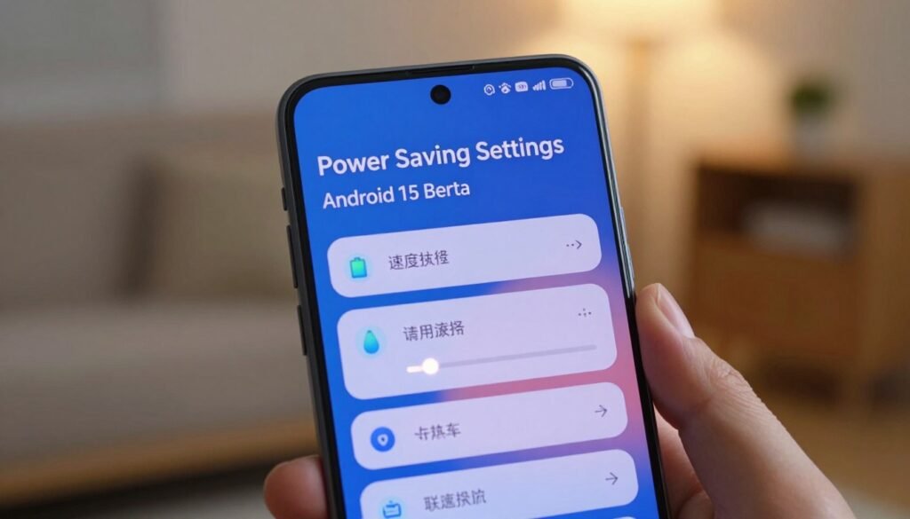 A close-up view of a modern smartphone displaying the "Power Saving Settings" screen in an Android 15 Beta interface. The foreground features the smartphone held by a hand, showcasing a vibrant and sleek design. In the middle, the screen highlights various hidden settings for battery conservation, with icons and sliders softly illuminated. The background consists of a gently blurred home environment, perhaps a cozy living room, with soft, warm lighting that creates a calm and tech-savvy atmosphere. The focus is sharp on the smartphone, with a slightly shallow depth of field, emphasizing the device and its settings. This scene captures the essence of efficiency and modern technology in a visually appealing manner.