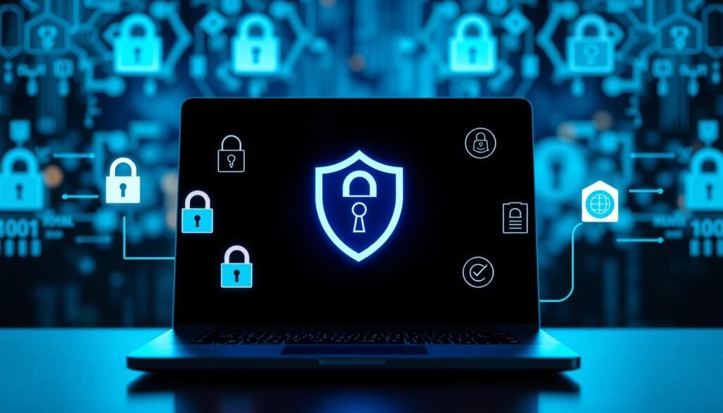 A conceptual digital illustration focusing on data security and system protection. In the foreground, a sleek, modern laptop representing a computer operating system, illuminated with soft, cool blue lighting to signify security. Surrounding the laptop are graphical symbols of locks, shields, and encrypted data icons, symbolizing protection. In the middle ground, a blurred background includes abstract digital elements, like circuit patterns and binary code, creating a technological atmosphere. The lighting should convey a professional, high-tech mood, emphasizing a sense of safety and reliability. The overall composition should reflect the importance of cybersecurity in modern operating systems, suitable for a comprehensive discussion on security features. A conceptual digital illustration focusing on data security and system protection. In the foreground, a sleek, modern laptop representing a computer operating system, illuminated with soft, cool blue lighting to signify security. Surrounding the laptop are graphical symbols of locks, shields, and encrypted data icons, symbolizing protection. In the middle ground, a blurred background includes abstract digital elements, like circuit patterns and binary code, creating a technological atmosphere. The lighting should convey a professional, high-tech mood, emphasizing a sense of safety and reliability. The overall composition should reflect the importance of cybersecurity in modern operating systems, suitable for a comprehensive discussion on security features.