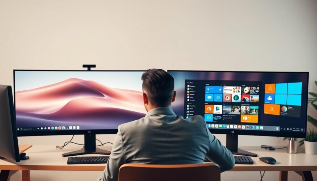 A digital workspace interface showcasing a split screen of two desktop environments: the sleek and modern design of macOS on one side, featuring a minimalist aesthetic with soft pastel shades, rounded applications, and a polished dock. On the other side, illustrate the classic appeal of Windows, with dynamic rectangular tiles, vibrant colors, and a clear taskbar. In the foreground, a professional individual is seated at a contemporary desk, dressed in smart business attire, intently comparing both operating systems on their large monitors. Soft diffused lighting illuminates the scene, creating a warm, inviting atmosphere. The camera angle is slightly above eye level, capturing the full essence of the user experience in both environments. The background remains simple, with hints of office decor, emphasizing focus on the desktop interfaces. A digital workspace interface showcasing a split screen of two desktop environments: the sleek and modern design of macOS on one side, featuring a minimalist aesthetic with soft pastel shades, rounded applications, and a polished dock. On the other side, illustrate the classic appeal of Windows, with dynamic rectangular tiles, vibrant colors, and a clear taskbar. In the foreground, a professional individual is seated at a contemporary desk, dressed in smart business attire, intently comparing both operating systems on their large monitors. Soft diffused lighting illuminates the scene, creating a warm, inviting atmosphere. The camera angle is slightly above eye level, capturing the full essence of the user experience in both environments. The background remains simple, with hints of office decor, emphasizing focus on the desktop interfaces.