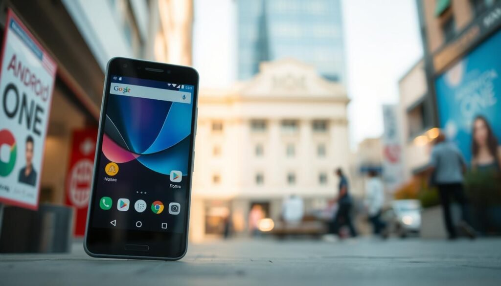A modern Android smartphone, representing "Android One," prominently displayed in the foreground, showcasing its sleek, minimalist design and vibrant screen with colorful app icons. In the middle, a blurred background features an urban setting with soft lighting, symbolizing technology in everyday life. The atmosphere is slightly nostalgic, indicating the program's history, with hints of faded marketing materials on nearby walls. The smartphone's camera focuses sharply on the device, highlighting its features like a clean user interface and refined build. Use soft natural lighting to create an inviting and contemplative mood. The angle should be slightly lower than eye-level, enhancing the phone’s presence and significance in the tech landscape.