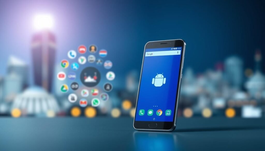 A sleek and modern Android smartphone depicted in a minimalist design, prominently showcasing the distinctive features of the Android One program. In the foreground, the phone is displayed with a vibrant, high-resolution screen showing the Android One logo, reflecting its brand identity. The middle ground features an engaging array of diverse smartphone manufacturers, represented by their logo icons, arranged in a harmonious circle around the Android phone. The background is softly blurred with a tech-inspired gradient, hinting at a digital cityscape or abstract circuitry, symbolizing the connectivity and innovation of the program. The scene is illuminated with soft, diffused lighting that gives a futuristic and optimistic mood, captured from a slight angle above the smartphone to emphasize its sleek design without distractions or text elements.