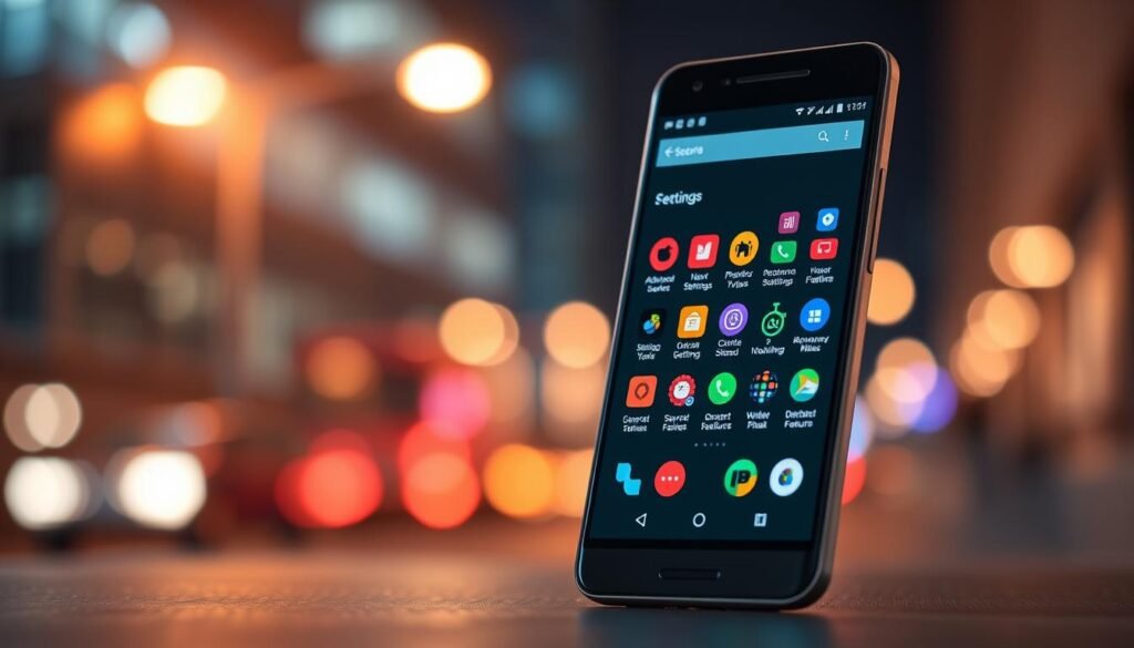 A sleek, modern smartphone displaying various hidden features and settings of the Android operating system. In the foreground, the phone is angled slightly to showcase an illuminated screen filled with colorful icons representing functionalities like secret settings, advanced customization options, and privacy features. The background features a blurred urban setting with soft bokeh lights, giving a tech-savvy vibe. The lighting is warm and inviting, emphasizing the phone's screen, with a slight glow around it. The atmosphere is intriguing and innovative, suggesting exploration and discovery of technology. The image should not contain any text or overlays, focusing solely on the device and its features in a professional context.