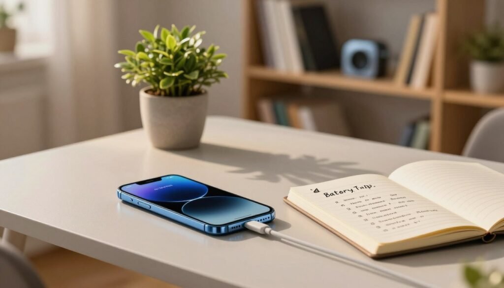 A visually engaging scene depicting battery care tips for long-term usage, set in a cozy home office. In the foreground, an elegantly designed Android smartphone rests on a sleek, modern desk, illuminated by warm, soft lighting. Beside it, a stylish notebook with handwritten battery care tips is open, showcasing a list of battery maintenance strategies. In the middle ground, a potted plant adds a touch of freshness, symbolizing vitality. The background features a softly blurred bookshelf with tech gadgets and books about technology and energy efficiency, enhancing the atmosphere of innovation and care. The image conveys a sense of practicality and efficiency, inviting the viewer to explore battery maintenance in a serene, organized environment.