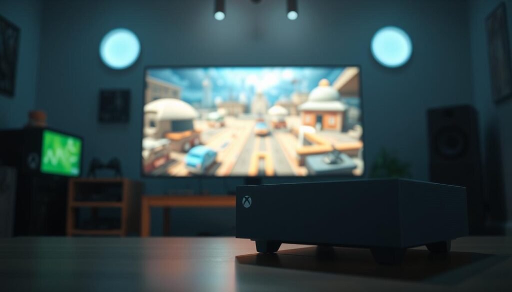 A visually striking scene showcasing the Xbox Series S prominently in the foreground, illuminated by soft ambient lighting. The console is displayed with sleek, modern design features highlighted. In the middle ground, a vivid 1440p gaming scene demonstrates ray tracing effects, bathed in dynamic lighting and rich textures, illustrating intricate reflections and shadows. The background features a blurred gaming room setup, emphasizing technology and a cozy atmosphere. The overall mood is one of excitement and innovation, suggesting a debate between resolution and visual fidelity. Utilize a shallow depth of field to focus on the console and the game scene, ensuring clarity and detail. Capture this moment from a slightly elevated angle to give a comprehensive view of both the console and the immersive gaming environment.