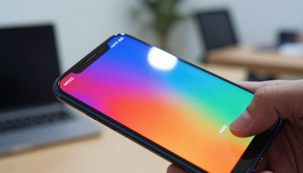 A close-up image showcasing a dynamic AMOLED smartphone display, emphasizing both its vibrant colors and potential weaknesses. The foreground should feature a hand holding the smartphone, displaying the screen with vivid, high-contrast imagery. In the middle ground, include a subtle reflection of glare from overhead lights, illustrating challenges like screen visibility under bright conditions. The background can be softly blurred, featuring an office environment that conveys a professional atmosphere. Use natural daylight to enhance the colors of the screen while creating soft shadows for depth. The mood is analytical and contemplative, inviting viewers to ponder the strengths and weaknesses of modern smartphone displays. The composition should focus on clarity and detail without any text or logos.